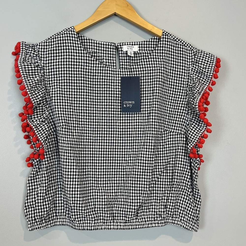 Crown & Ivy Checkered Blouse Red Pom Pom Trim Womens Size XL Shag Tomato Girl